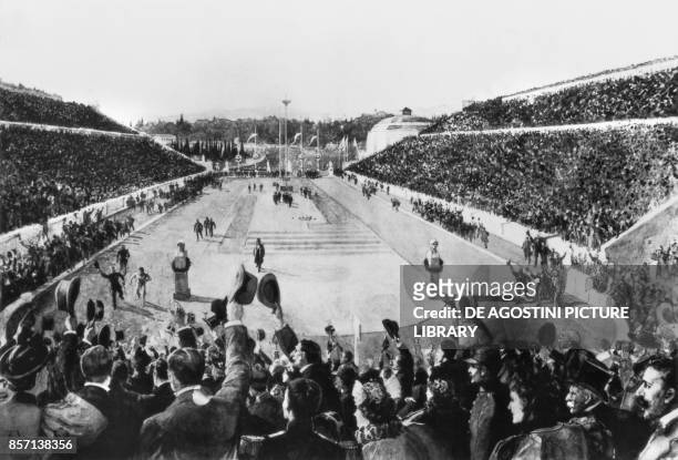 Spiridon Louis winning the marathon in the Panathinaiko Stadium, Athens Olympic Games Greece, 19th century.