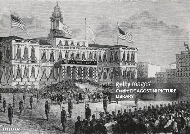 President Abraham Lincoln 's funeral, arrival of his coffin at New York City Hall engraving, United States of America, 19th century.