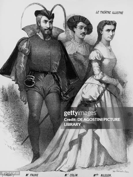 Mefisto , Faust , Marguerite , characters of Faust by Charles Gounod , staged in 1869 at the Academie Imperiale de Musique of Paris, engraving,...