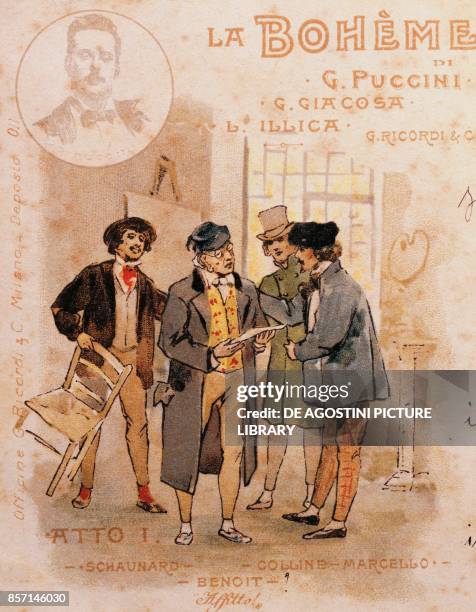 Postal card by Adolf Hohenstein for the first performance of La Boheme, 1st Act, by Giacomo Puccini , Italy, 19th century.