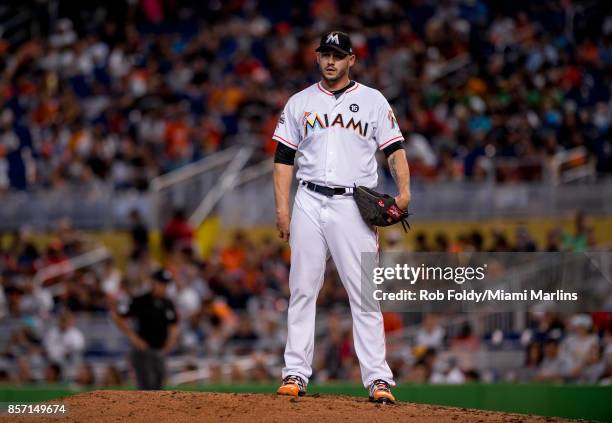 Dustin McGowan of the Miami Marlins looks on during the game against the Atlanta Braves at Marlins Park on October 1, 2017 in Miami, Florida.