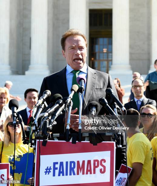 Former Gov. Arnold Schwarzenegger, R-Calif speaks outside of The United States Supreme Court after an oral arguments in Gill v. Whitford to call for...