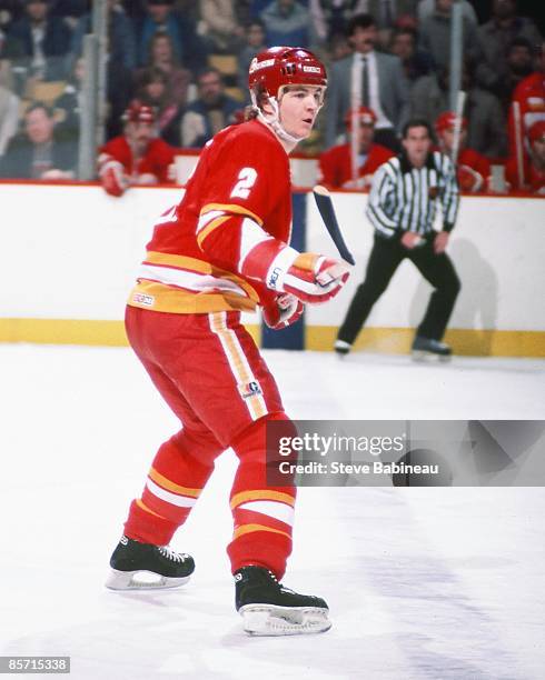 Al MacInnis of the Calgary Flames skates against the Boston Bruins at Boston Garden.