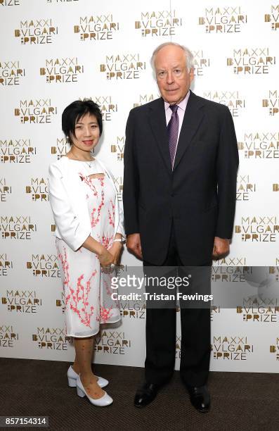 Yuko Hasegawa and Nicola Bulgari attend The Maxxi Bvlgari Prize press conference at Bulgari Hotel on October 3, 2017 in London, England.