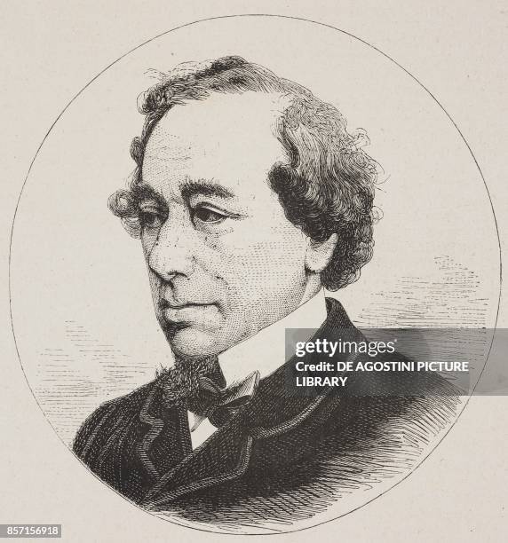 Portrait of Benjamin Disraeli , British politician and writer, illustration from Nuova illustrazione Universale, Year 1, No 11, February 22, 1874.