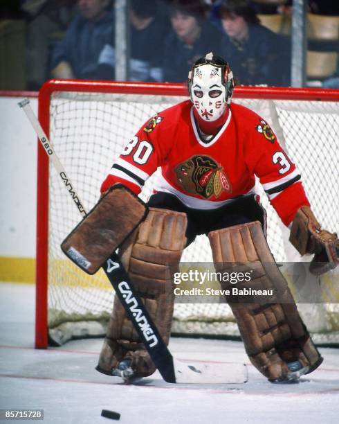 Murray Bannerman of the Chicago Black Hawks tends goal against the Boston Bruins at Boston Garden.