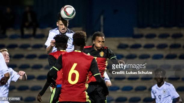 Timon Burmeister of Germany scores his teams first goal during the friendly match between Belgium U16 and Germany U16 on October 3, 2017 in Genk,...