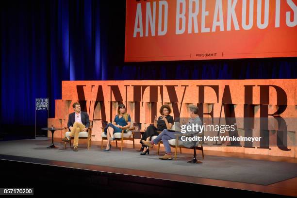 Founder of Blumhouse Jason Blum, filmmaker Patty Jenkins, Chairman of Universal Pictures Donna Langley and moderator Kay Ryssdal speak onstage during...