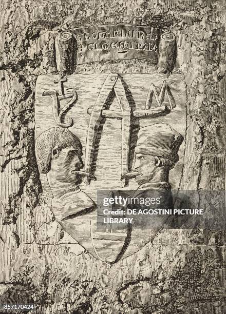 Bas relief with warning inscription 'Use your words wisely' , Teramo, Abruzzo, Italy, woodcat from Le cento citta d'Italia , illustrated monthly...