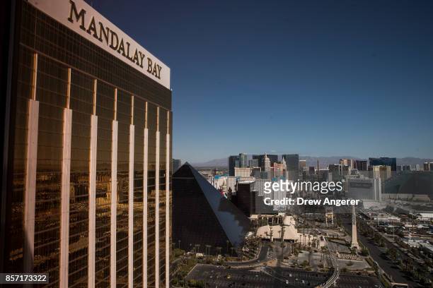 View of the Mandalay Bay Resort and Casino, overlooking the Las Vegas Strip after a mass shooting at a music concert October 3, 2017 in Las Vegas,...
