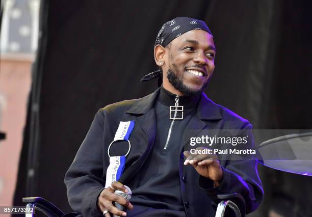 Rapper Kendrick Lamar is interviewed by Forbes Magazine Senior Editor Zack O'Malley Greenburg at the 2017 Forbes Under 30 Summit on October 3, 2017...