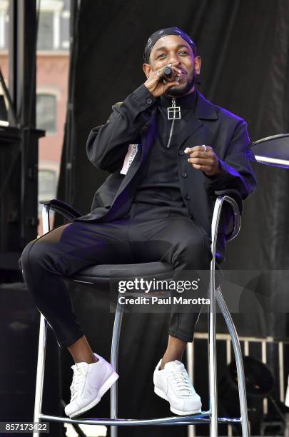 Rapper Kendrick Lamar is interviewed by Forbes Magazine Senior Editor Zack O'Malley Greenburg at the 2017 Forbes Under 30 Summit on October 3, 2017...