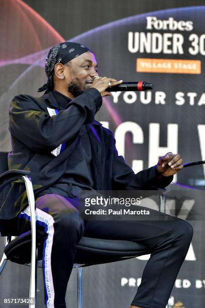 Rapper Kendrick Lamar is interviewed by Forbes Magazine Senior Editor Zack O'Malley Greenburg at the 2017 Forbes Under 30 Summit on October 3, 2017...