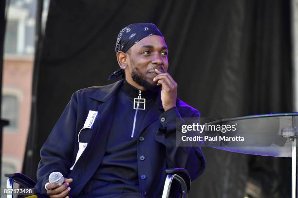 Rapper Kendrick Lamar is interviewed by Forbes Magazine Senior Editor Zack O'Malley Greenburg at the 2017 Forbes Under 30 Summit on October 3, 2017...