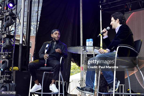 Rapper Kendrick Lamar is interviewed by Forbes Magazine Senior Editor Zack O'Malley Greenburg at the 2017 Forbes Under 30 Summit on October 3, 2017...