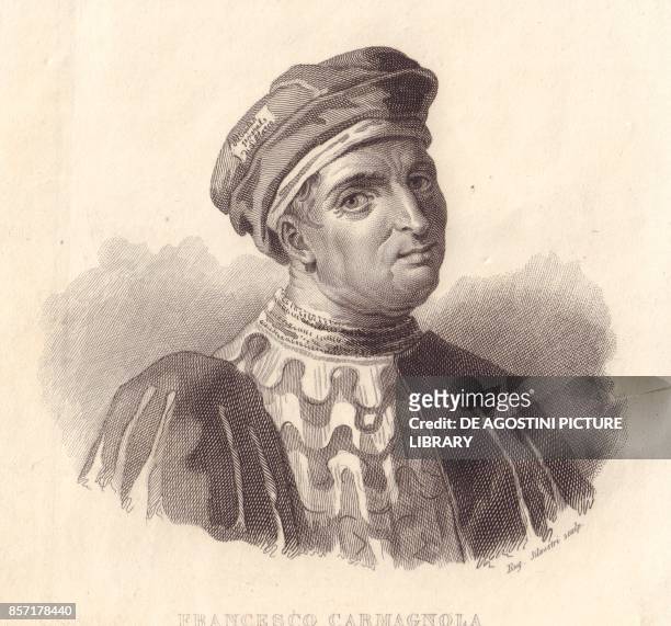 Portrait of the Italian military leader Francesco da Bussone also known as Carmagnola , copper engraving by E Silvestri from a painting, from...