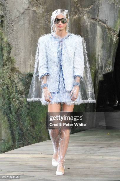 Ine Neefs walks the runway during the Chanel Paris show as part of the Paris Fashion Week Womenswear Spring/Summer 2018 on October 3, 2017 in Paris,...