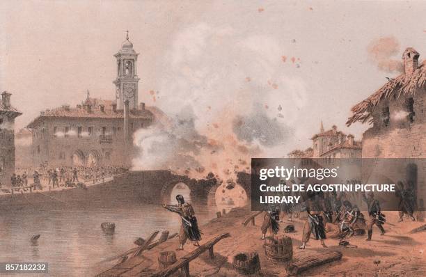 Fighting in the village of Boffalora Ticino, Lombardy Second War of Independence, lithograph by Carlo Perrin from the drawing by Carlo Bossoli ,...