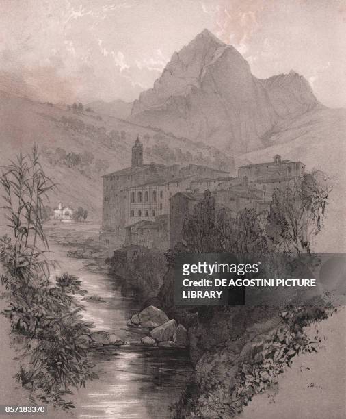 View of Isola del Gran Sasso d'Italia with the pyramid of the Corno Grande in the background, Abruzzo, Italy, drawing and lithograph in black and...