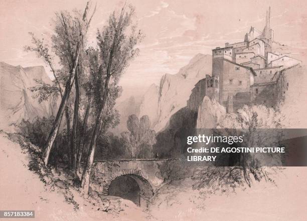 View of the old village of Pescina, Abruzzo, Italy, drawing and lithograph in black and sepia by Edward Lear , Plate 21, ca 20x26 cm, from...