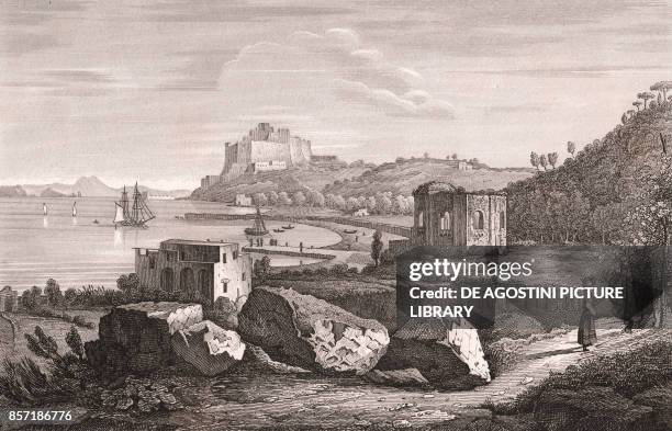 The Temple of Venus in Baia with the Aragonese Castle in the background, Bacoli, Campania, Italy, copper engraving, 28.9x18.5 cm, from Corografia...