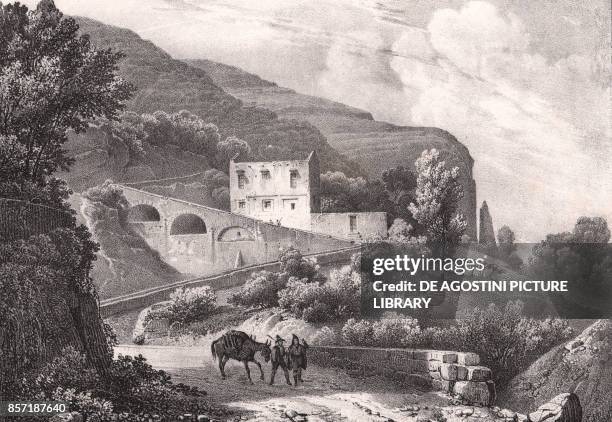 Travellers on the country road between Castellammare di Stabia and Vico Equense, Campania, Italy, lithograph by Villeneuve after a drawing by Jules...