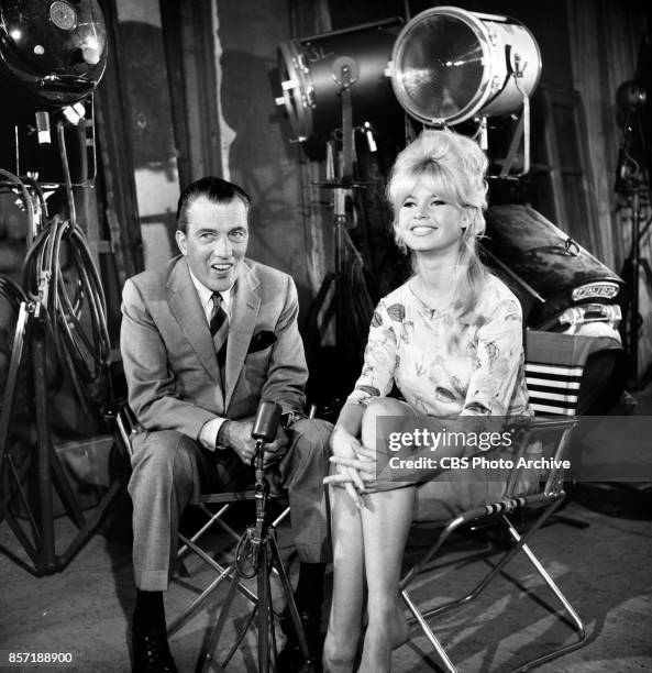 Television personality Ed Sullivan with French actress Brigitte Bardot. They discuss her acting in the theatrical film A Very Private Affair. Image...