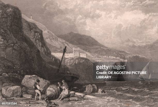 View of the coast near Vico Equense in the Gulf of Naples, Campania, Italy, steel engraving by J Allen after a drawing by James Duffield Harding , ca...