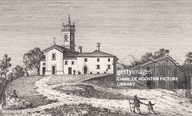 View of the Church of Saint Martin, Caprara, Marzabotto, Emilia-Romagna, Italy, lithograph, ca 13x17 cm, from Le Chiese Parrocchiali della Diocesi di...
