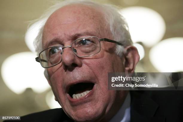 Senate Budget Committee ranking member Sen. Bernie Sanders speaks to reporters following the weekly Senate Democratic policy luncheon at the U.S....