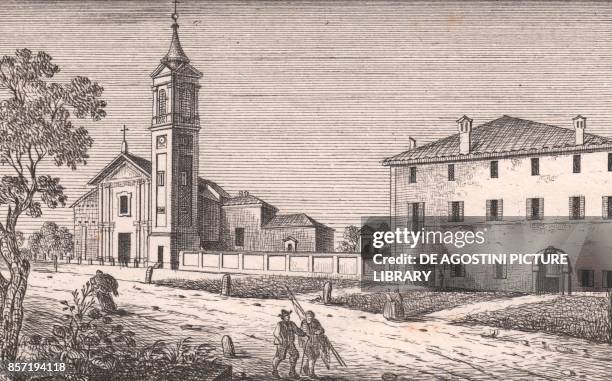 View of the Church of Saint Augustine, Sant'Agostino , Emilia-Romagna, Italy, lithograph, ca 13x17 cm, from Le Chiese Parrocchiali della Diocesi di...