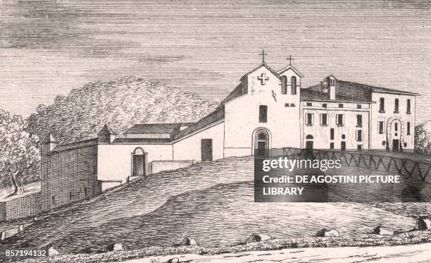 View of the Church of Saint Lawrence Martyr, Panico, Marzabotto, Emilia-Romagna, Italy, lithograph, ca 13x17 cm, from Le Chiese Parrocchiali della...