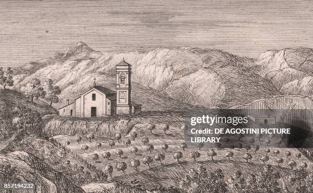 View of the Church of Saint Stephen, Pian di Venola, Marzabotto, Emilia-Romagna, Italy, lithograph, ca 13x17 cm, from Le Chiese Parrocchiali della...