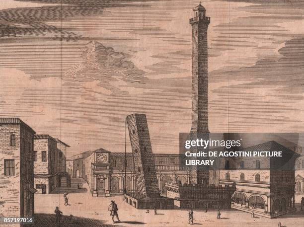 The two towers , Bologna, Emilia-Romagna, Italy, copper engraving, ca 13x16 cm, from Les delices de l'Italie, qui contiennent une description exacte...