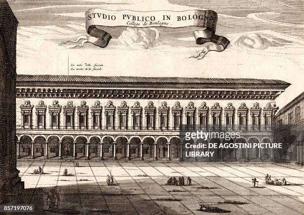 The Archiginnasio Palace, Bologna, Emilia-Romagna, Italy, copper engraving, ca 21x29 cm, from Nouveau Theatre d'Italie, ou description exacte de ses...