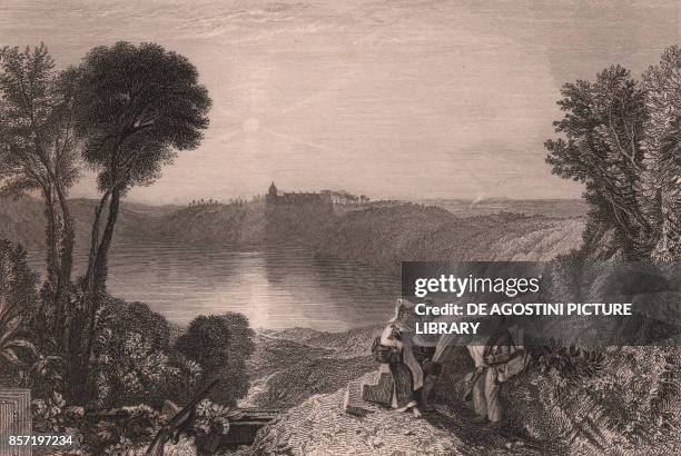 View of Lake Albano, Lazio, Italy, steel engraving by R Wall from a drawing by William Turner , published in London, 1840.