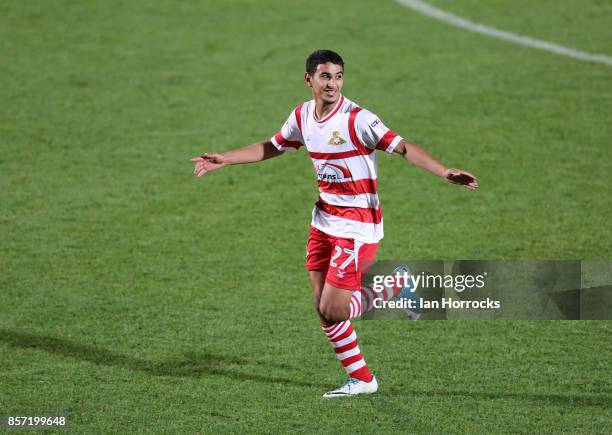Issam Ben Khemis of Doncaster celebrates after he scores the opening goal during the Checkertrade Trophy match between Doncaster Rovers and...
