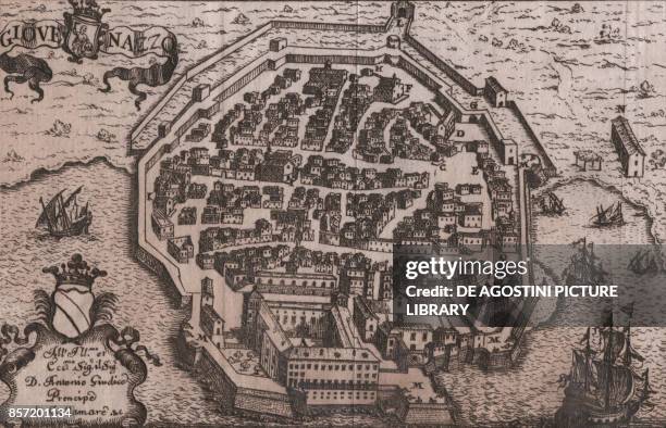 View of the city of Giovinazzo, Apulia, Italy, etching, 13.5x18.5 cm, from Il Regno di Napoli in prospettiva, by Giovanni Battista Pacichelli,...