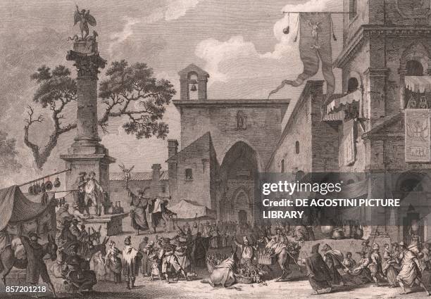 View of the Sanctuary of Saint Michael the Archangel on the Saint's feast day, Monte Sant'Angelo, Apulia, Italy, etching, ca 26x20 cm, from Voyage...