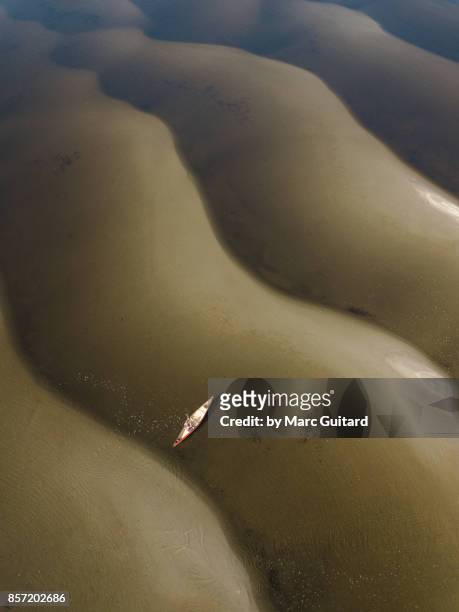 Aerial view of a man in a canoe on the Saint John River, New Brunswick, Canada