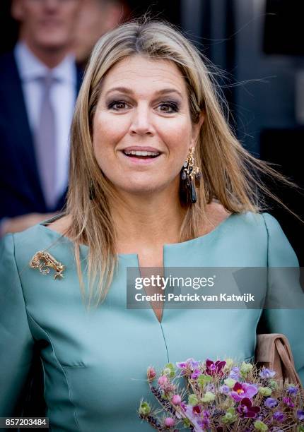 Queen Maxima of The Netherlands attends the King Willem I lecture at Koppert Cress on October 3, 2017 in Westland, Netherlands. Queen Maxima is...