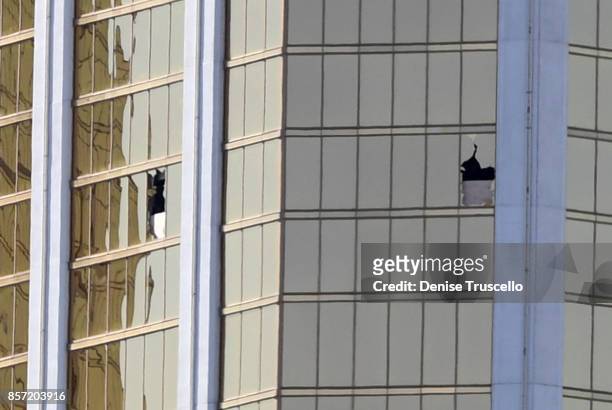 The 2 broken windows on the 32nd floor of the Mandalay Bay Resort and Casino where a lone gunman identified as Stephen Paddock of Mesquite, Nevada...