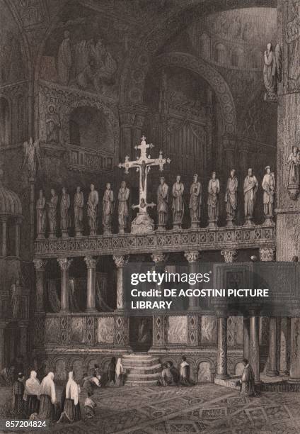 The Iconostasis in the Saint Mark's Basilica , Venice, Veneto, Italy, steel engraving after a drawing by Samuel Prout , ca 15x11.5 cm, from The...