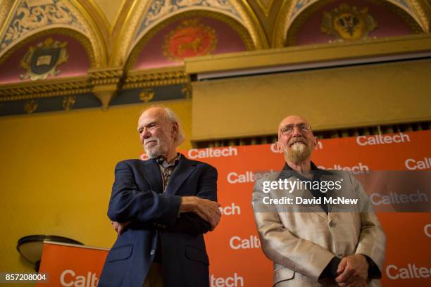 Barry C. Barish and Kip S. Thorne attend a press conference at California Institute of Technology after receiving the 2017 Nobel Prize in Physics...