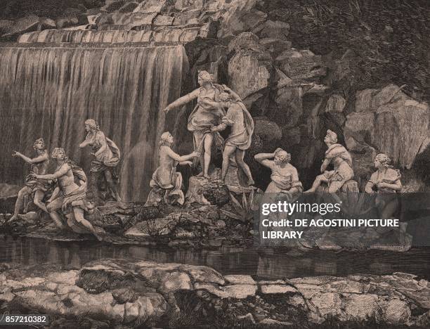 Diana group, fountain of Diana and Actaeon, Royal Park of the Palace of Caserta, Campania, Italy, woodcut from Le cento citta d'Italia , illustrated...