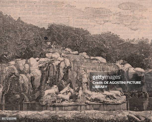 Grand cascade and Actaeon group, Fountain of Diana and Actaeon, Royal Park of the Palace of Caserta, Campania, Italy, woodcut from Le cento citta...
