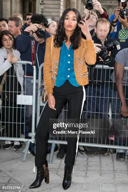 Laura Harrier attends the 'Louis Vuitton' fashion show at Louvre Pyramid on October 3, 2017 in Paris, France.