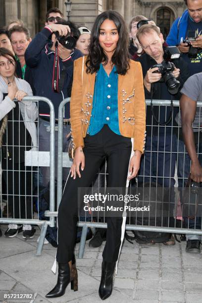 Laura Harrier attends the 'Louis Vuitton' fashion show at Louvre Pyramid on October 3, 2017 in Paris, France.