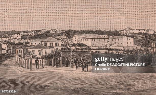 Piazza Indipendenza , with the former military hospital, Catanzaro, Calabria, Italy, woodcut from Le cento citta d'Italia , illustrated monthly...