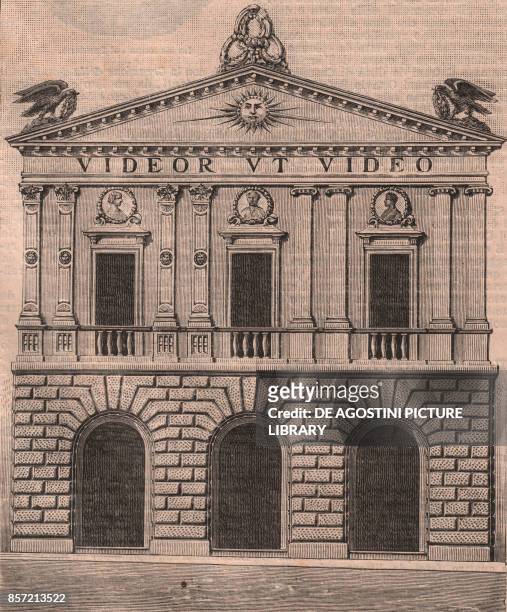 Teatro degli Illuminati , Citta di Castello, Umbria, Italy, woodcut from Le cento citta d'Italia , illustrated monthly supplement of Il Secolo,...
